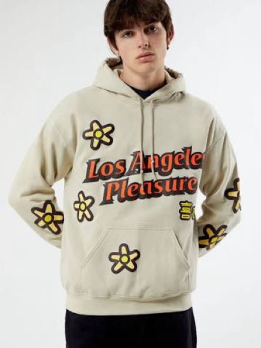 PacSun Beige "Los Angeles Pleasure" Graphic Hoodie with Yellow Flower Accents